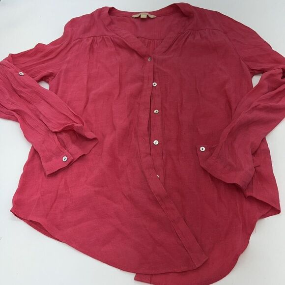 Hope & Harlow Pink Rayon Button Up Roll Tan Sleeve Top Size L - Picture 1 of 4